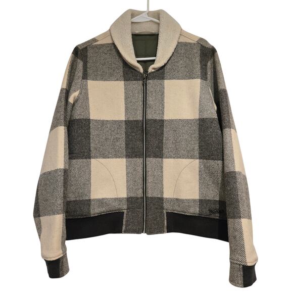 Woolrich Gray Buffalo Plaid Wool Blend Zip Front Insulated Bomber Jacket, Large - Picture 1 of 9